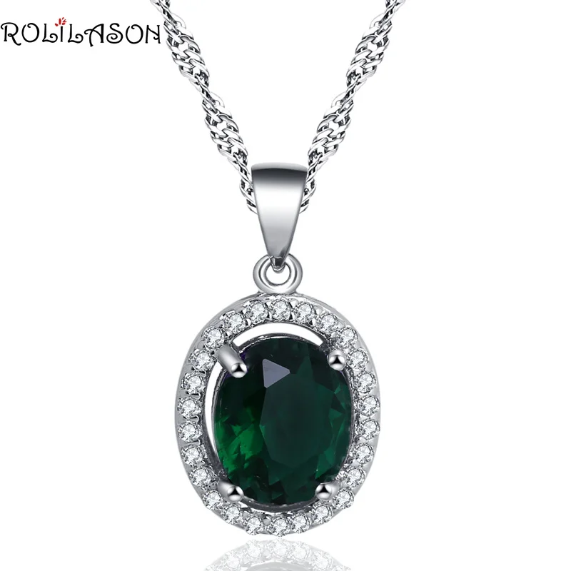 Маленький свежий кулон ROLILASON с зеленым цирконом серебряного цвета Классический