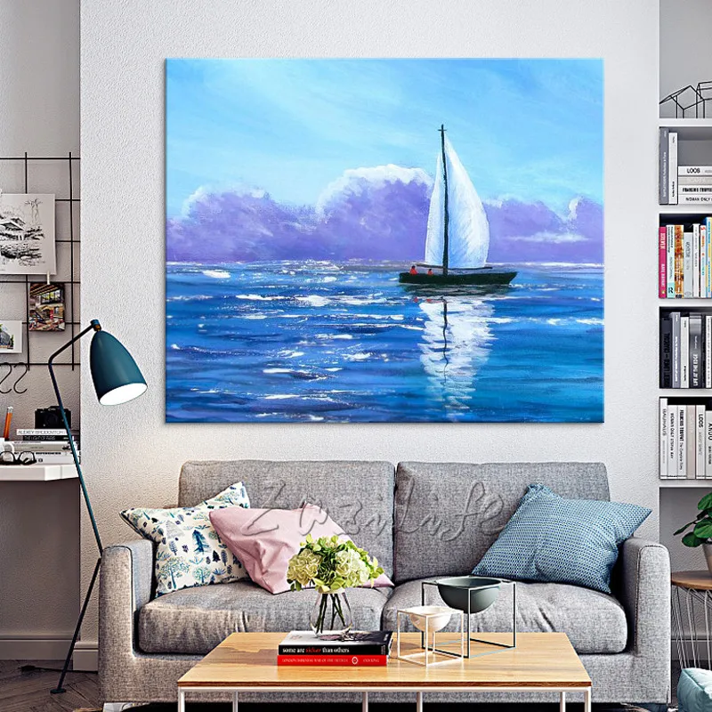 Картина на холсте с лодкой и парусником абстрактная Акриловая картина настенные