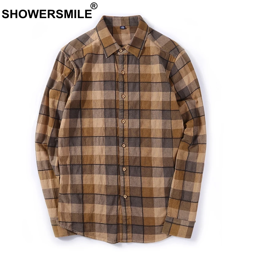 Рубашка SHOWERSMILE Мужская в клетку фланелевая Повседневная сорочка с длинным