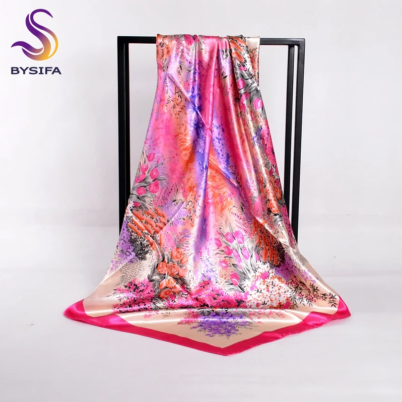 

[BYSIFA] Spring Autumn Ladies Silk Scarf Shawl New Arrival Deep Purple Tulip Square Scarves Wraps 90*90cm Women Head Scarf Cape