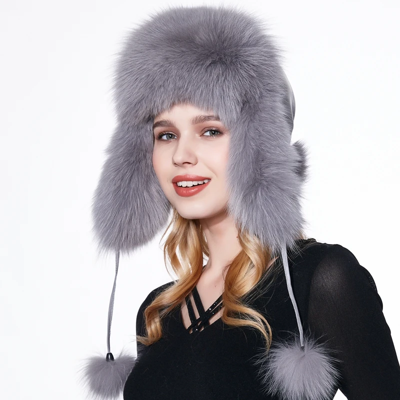 LTGFUR женская шапка-Охотник из натурального Лисьего меха с помпонами зимняя