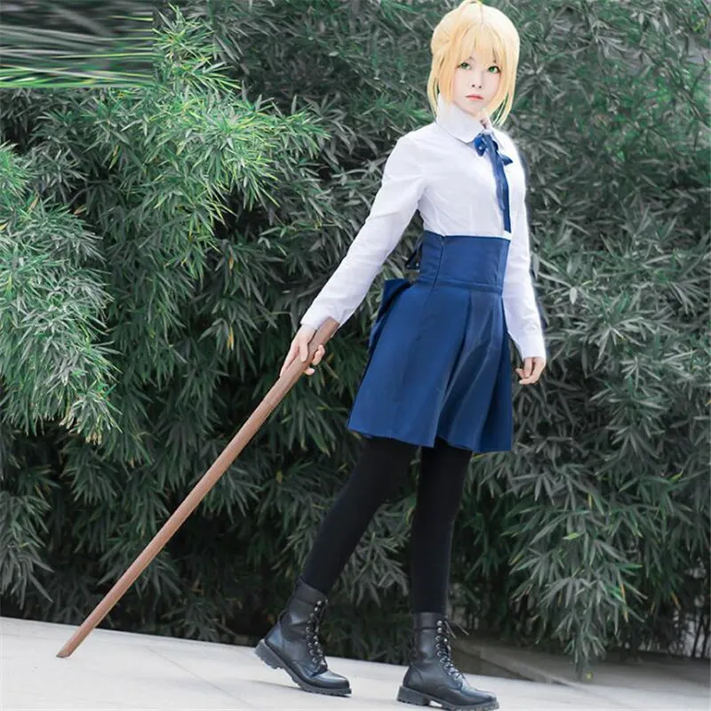 Аниме Fate Stay Night Saber Косплей костюмы повседневная униформа Высокая талия юбка