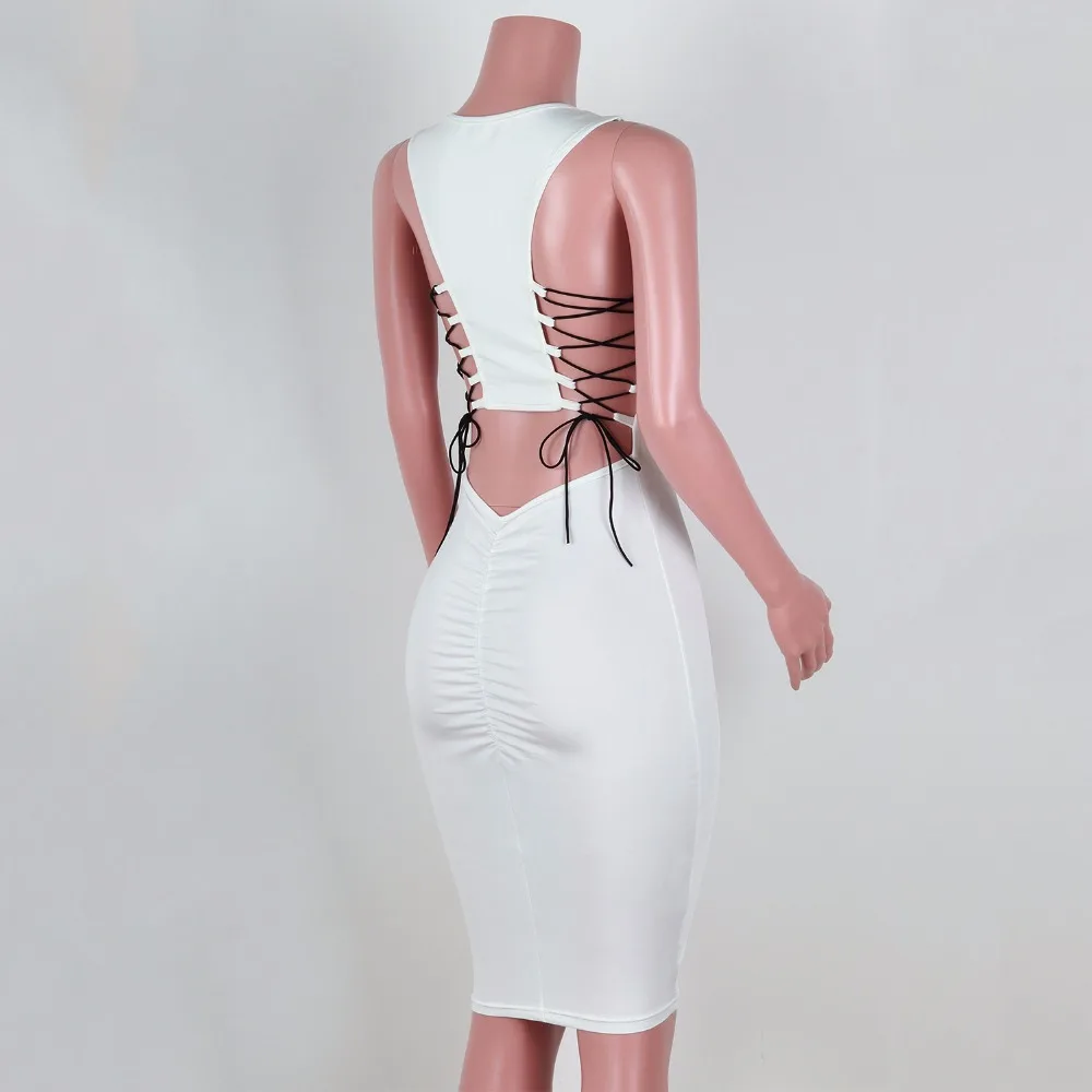 Lace Up Midi Sexy Dress Women Bandage Bodycon Hot 2019 Summer Club Wear Backless White Pleated Party Dresses Vestiod | Женская одежда