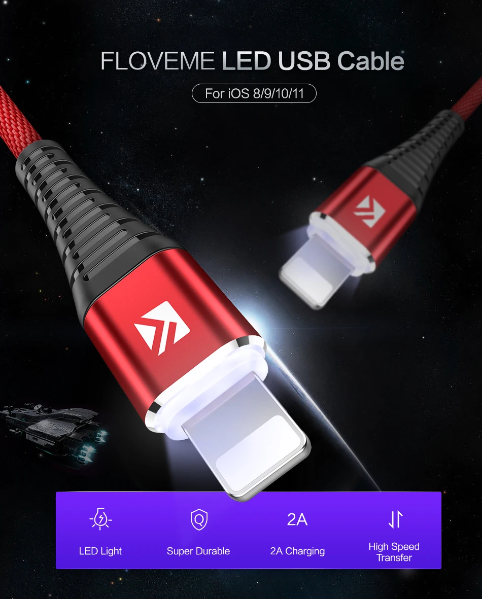 FLOVEME светодиодный USB кабель для молнии для iPhone X xr xs 8 7 5 5S se iPad 1 м Привет-растяжение 2A Быстрая зарядка зарядки данных Зарядное устройство кабель for iphone xs max XS XR зарядное устройство usb cable