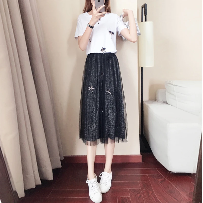 Высокое качество Комплект из 2 предметов новые летние бисер футболки с юбками