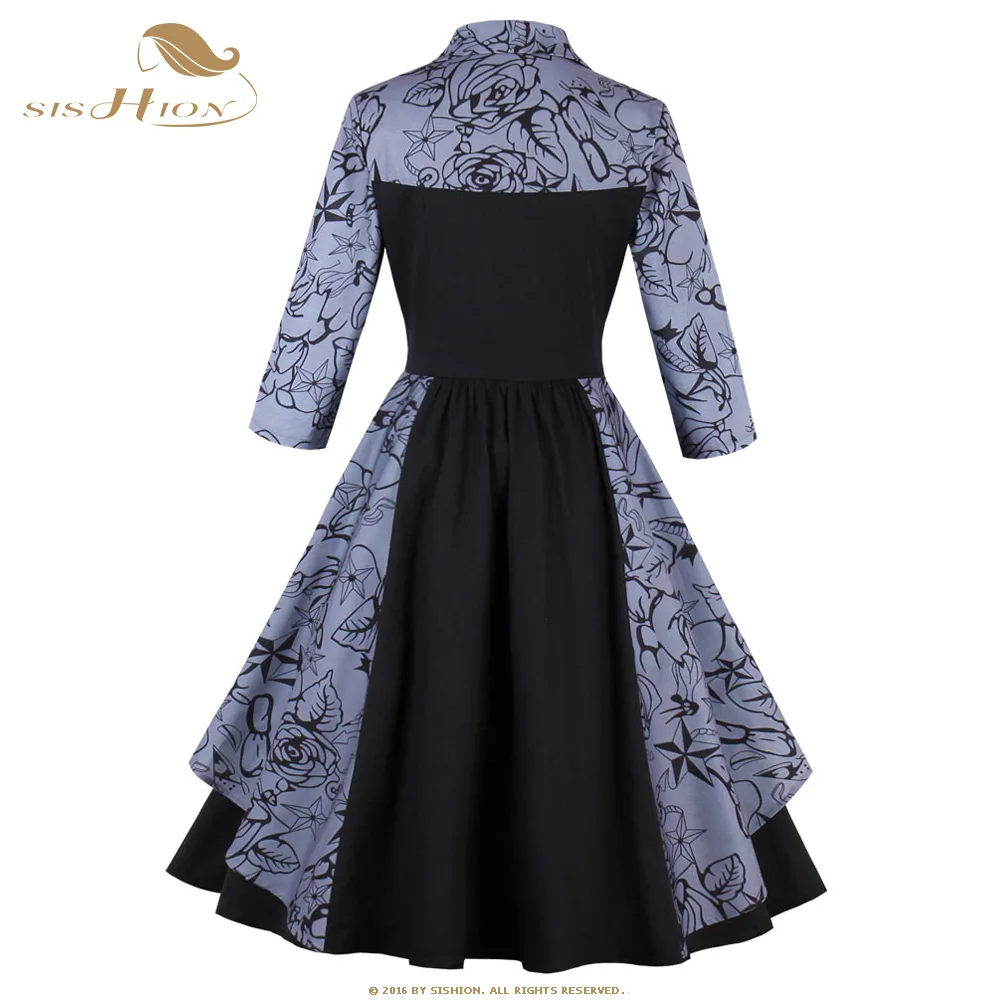 SISHION Spring A-line Dress Turn-Down Collar Women Elegant 3/4 sleeves Party Patchwork Vintage Dresses buttons Vestido VD0612 | Женская