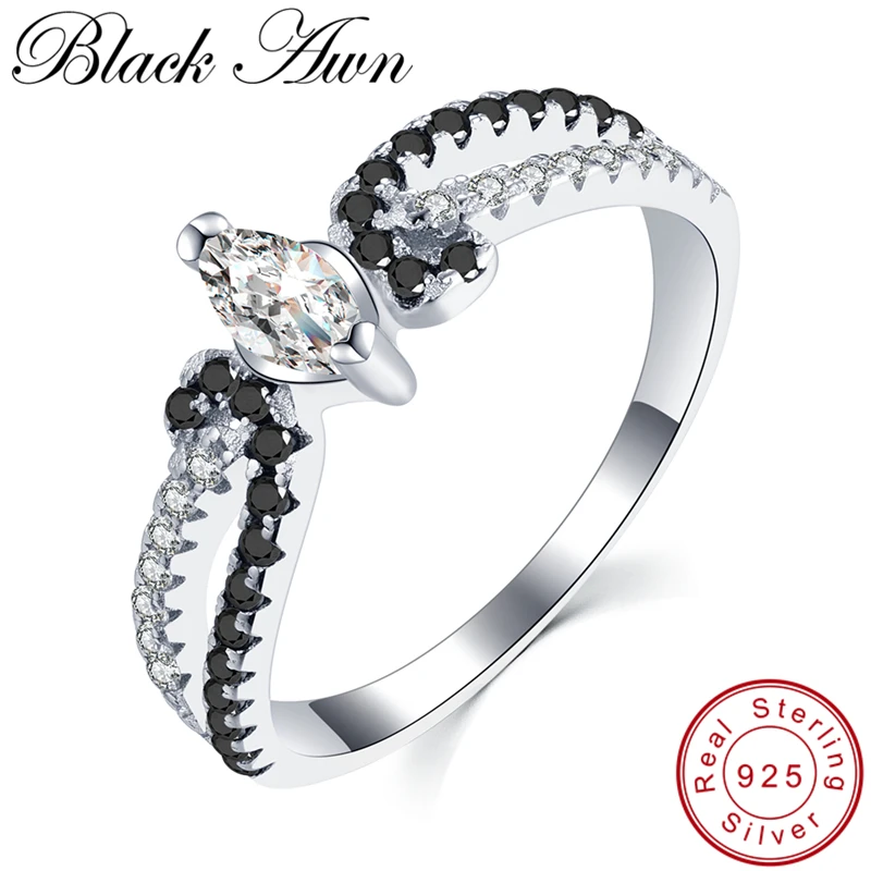 

[BLACK AWN]Rings for Women 1.9g Rhombus 925 Sterling Silver Jewelry Black Spinel Prong Setting Bague C231