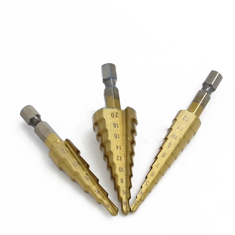 3pcs/set HSS Step Drill Bit Set Titanium Hex Shank Cone Cutting Tools Multifunction Woodworking Wood Metal Drilling With Pouch |