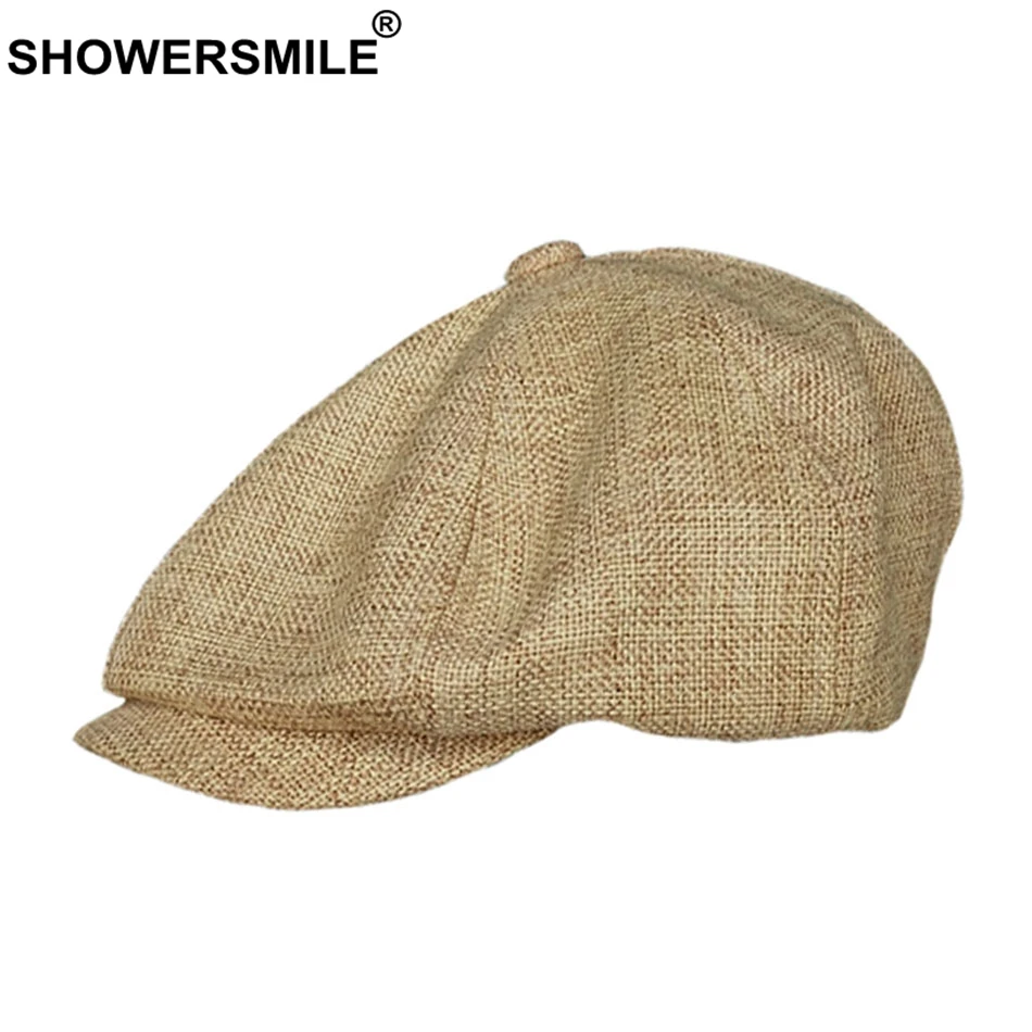 SHOWERSMILE мужские Восьмиугольные шляпы из хлопка и льна, летняя кепка Newsboy, Мужская черная однотонная винтажная дышащая брендовая Кепка и Кепка