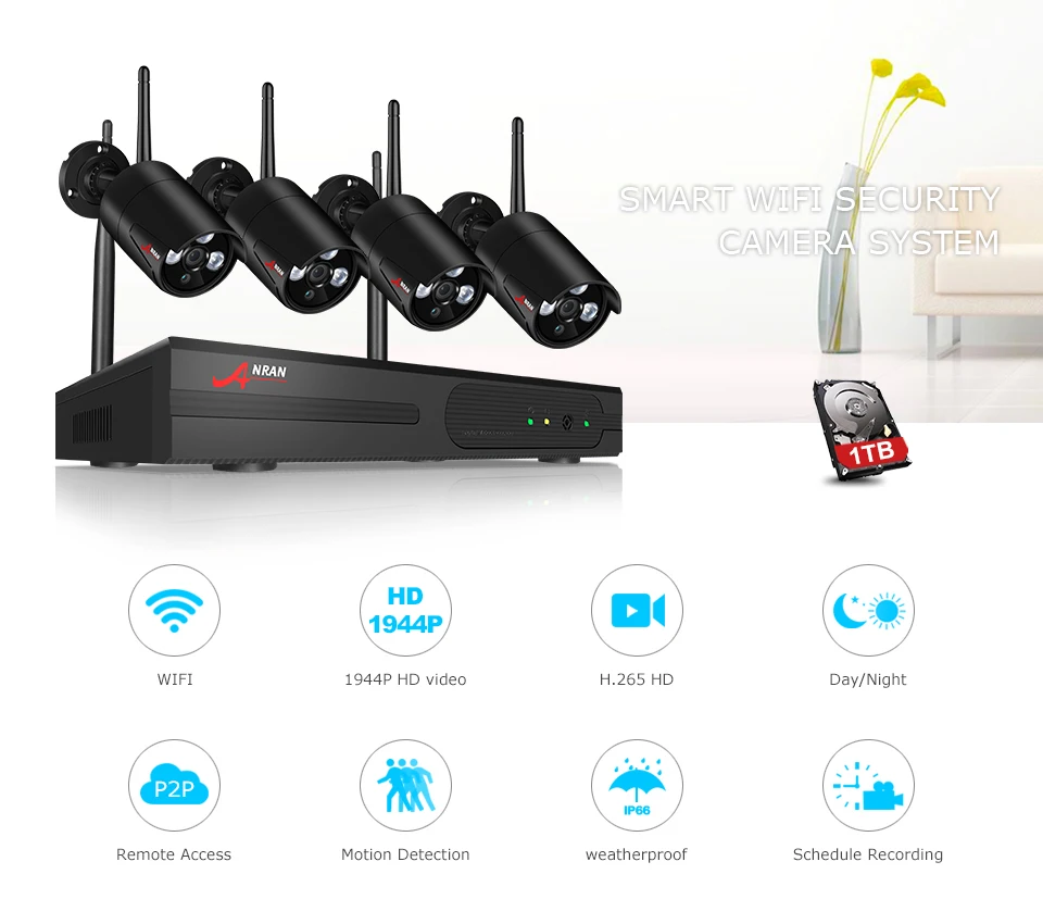 ANRAN 4CH wifi 5MP NVR комплект HD H.265 P2P камера безопасности системы 4 шт. 5MP Крытый Открытый Всепогодный ИК ночного видеонаблюдения камера системы
