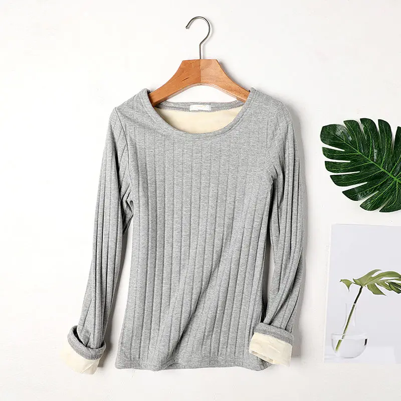 gray style 2 Утепленная бархатная футболка для женщин осень-зима футболка для полных женщин Camisetas теплые женские топы Длинная Футболка Femme C5652 - Цвет: gray style 2