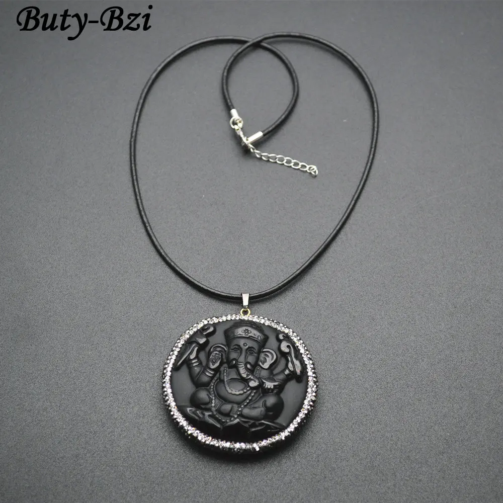 Цепочка из натурального черного обсидиана с подвеской Ганеша | Украшения и