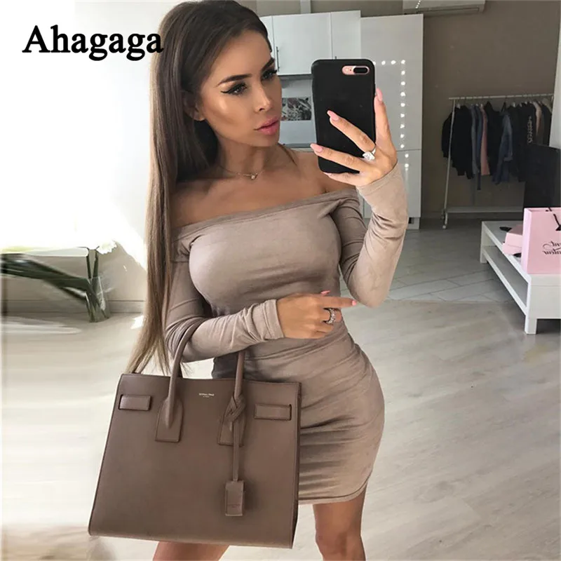 Ahagaga 2019 Summer Dress Women Fashion Solid 3-Colors Slash Neck Long Sleeve Sexy Club Party Sheath Slim Dresses | Женская одежда