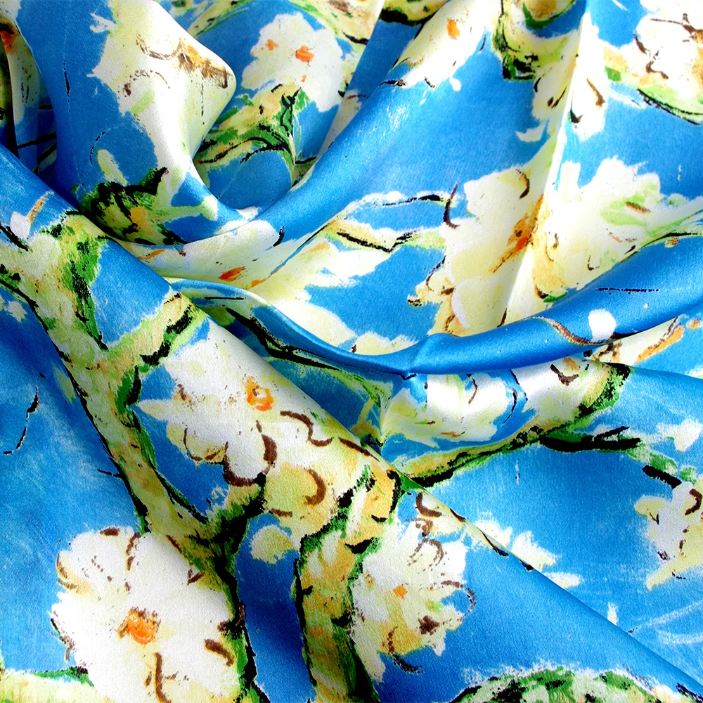 Women's 100% Luxury Charmeuse Satin Silk Scarf of Famous Oil Paintings Van Gogh's Painted Scarfs Almond Blossom | Аксессуары для