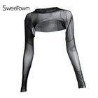 Кроп-топ Sweetown в черную сетку, блестящая белая прозрачная футболка, женская сексуальная прозрачная блуза 2018