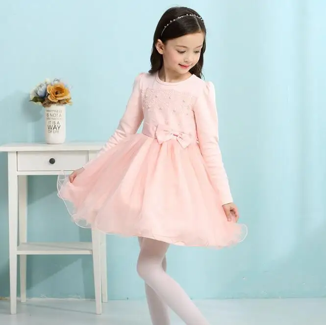 Детское платье хлопок с длинными рукавами кружева принцесса участок сплошной