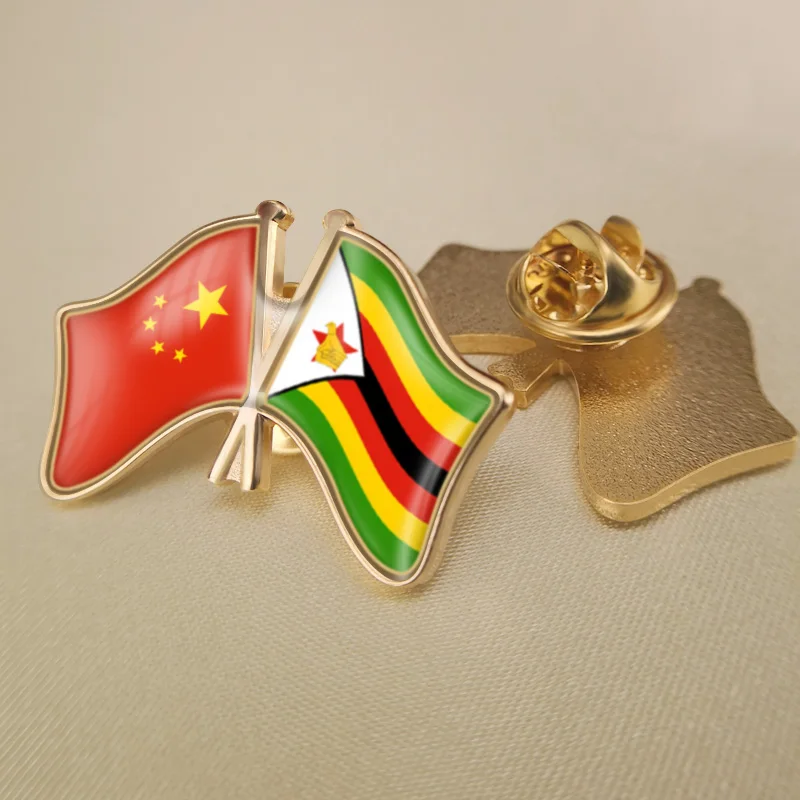 

China and Zimbabwe Crossed Double Friendship Flags Lapel Pins Brooch Badges