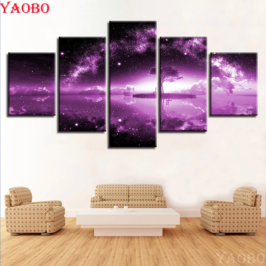 

DIY 5D diamond painting Cross Stitch Mosaic Diamond Embroidery Purple Star/Lake/Tree/Landscape Hobbies And Crafts 5pcs/sets
