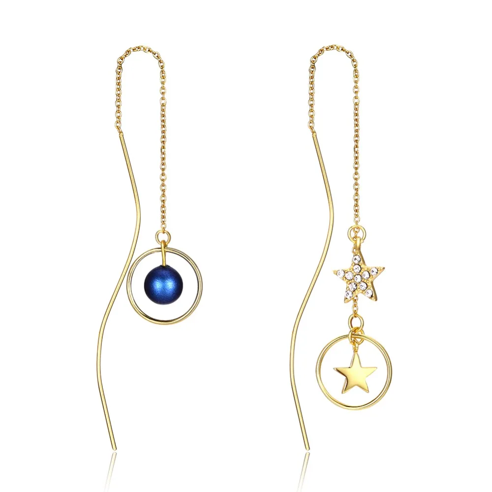 Женские асимметричные серьги с кристаллами Swarovski круглые длинной цепочкой в