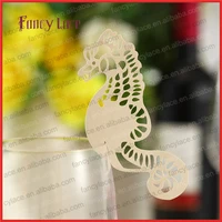 50pcs hot sale party decorations laser cutting place cards customized wine glasses cards sea horse shaped paper party decor