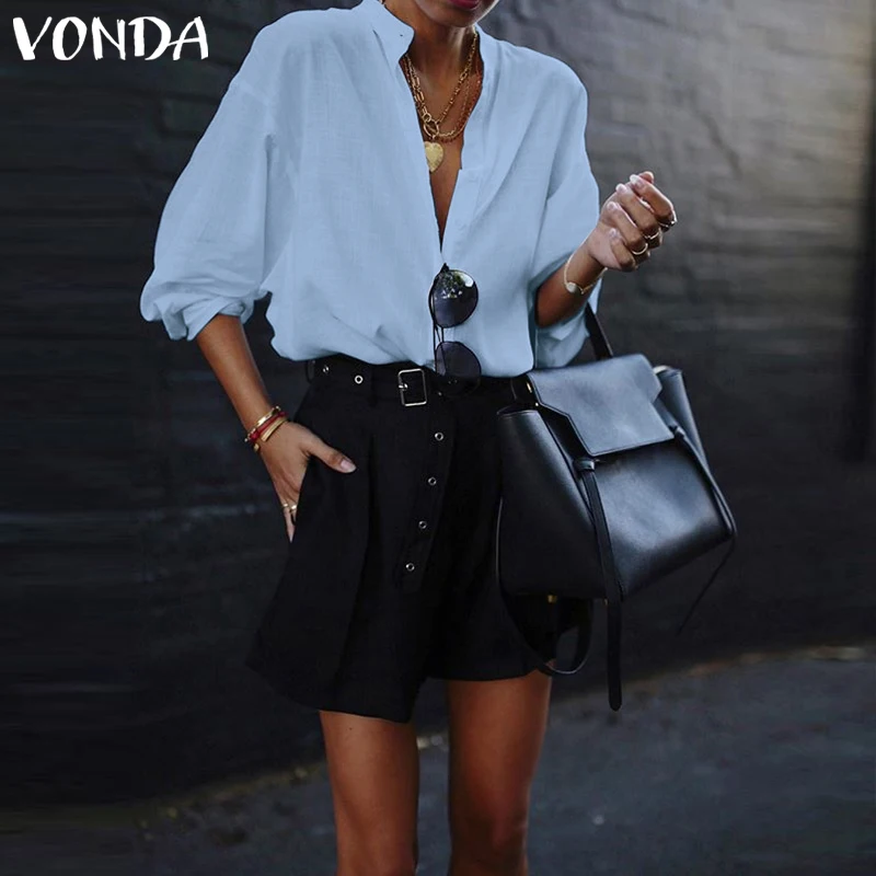 VONDA новые женские блузки летние офисные женские белые рубашки с рукавами-фонариками и пуговицами глубокий v-образный вырез белая блузка сексуальные топы размера плюс