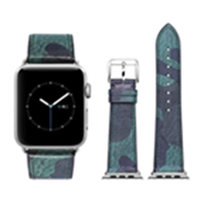 GREEN-Silver buckle Ремешок для Apple Watch 38 мм 42 мм ремешок для Apple Watch 40 мм 44 мм камуфляжная серия 4/3 Серия 2 серия 1 кожаный браслет iWatch - Цвет ремешка: GREEN-Silver buckle