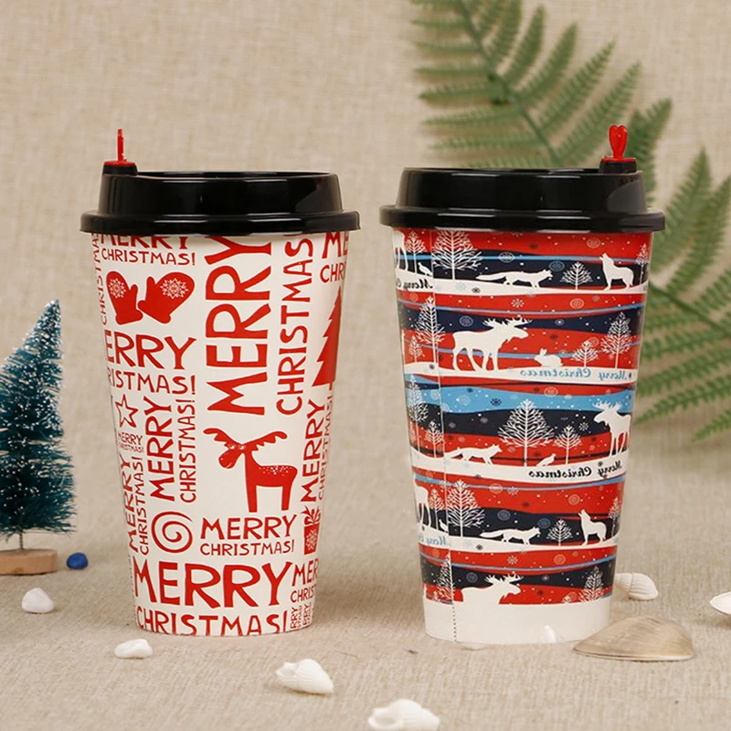 

Christmas Portable Cups Festival Joyful Fruit Tea Cups Disposable Paper Bottle With Cover Multi-Specifications Bottles With Lid