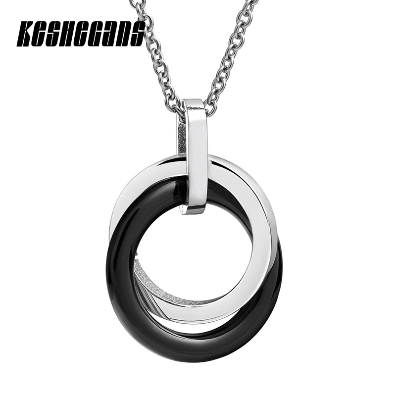 

Женское Ожерелье с двойным кольцом, колье из стали и керамики, модное ювелирное изделие, 40 см, серебряная и черная стальная цепочка