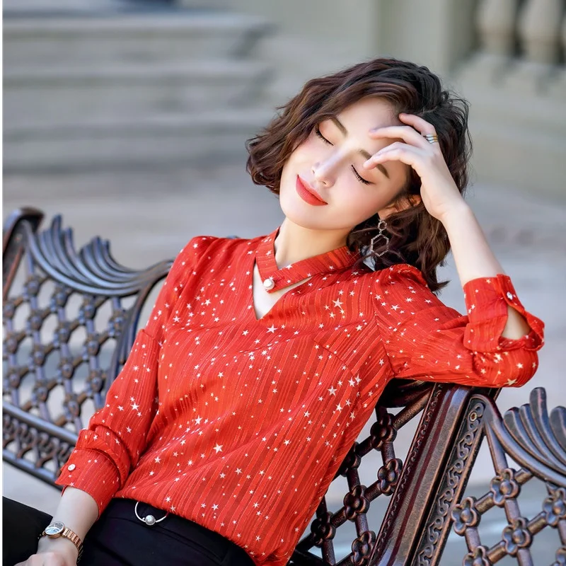 Женская блузка с длинным рукавом красная формальная в офисном стиле весна лето