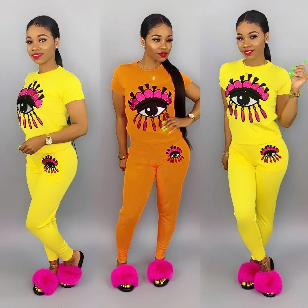 Новинка 2019 Женский костюм с вышивкой глаз короткий рукав круглый вырез футболка