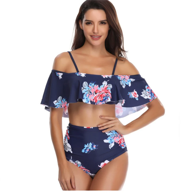 

Hot Sexy Bikini 2019 High Waist Swimwear Women Striped Biquini Ruffled Bathing Suit Floral Off Shoulder Swimsuit Vintage Bikinis