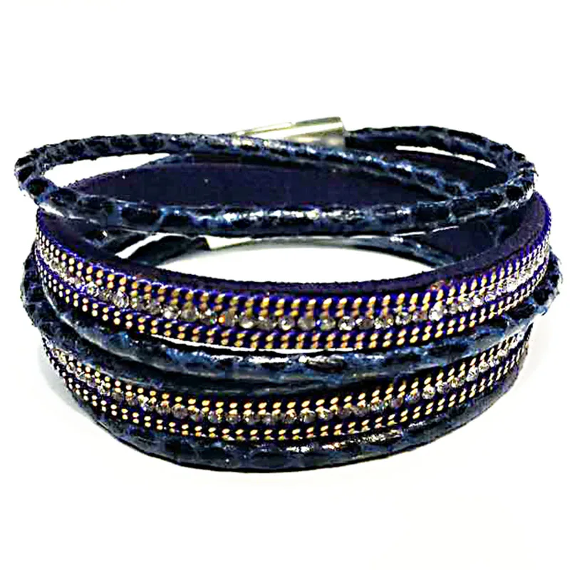 Женский браслет из змеиной кожи с двойной застежкой и кристаллами | Украшения