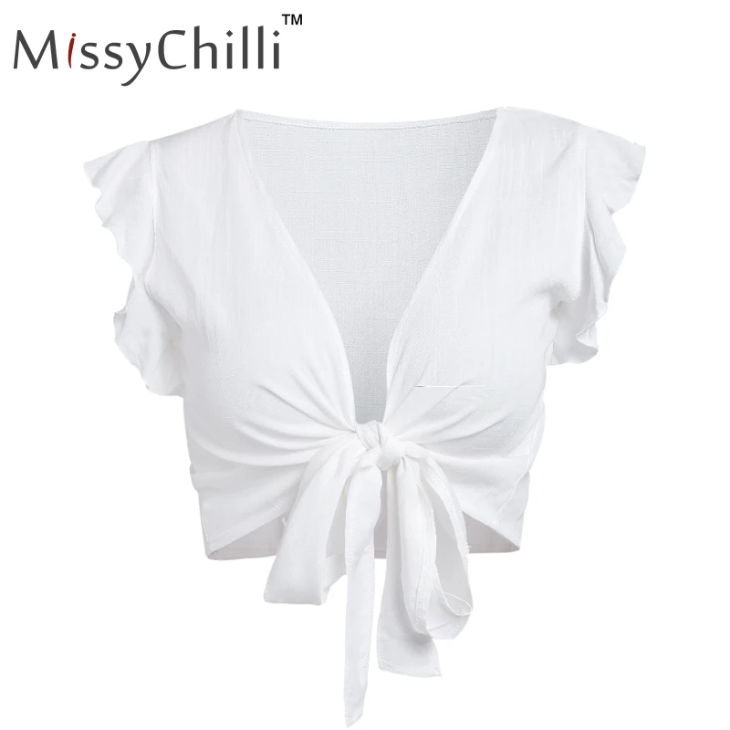 Белый MissyChilli с оборками и бантом, v-образный вырез, плюс размер, женский укороченный топ, красный тонкий бандаж, Осенний топ на бретелях, женский зеленый Фитнес, повседневный Топ, футболка на бретельках - Цвет: Белый