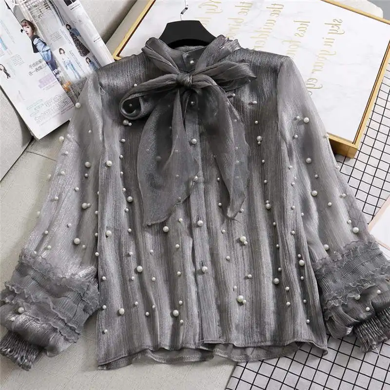 dark gray blouse Neploe шифоновая блуза с бусинами со стоячим воротником с бантом Рубашка с галстуком Для женщин Фонари рукавом Blusas Новинка; футболки яркие шелковые блузки 37958 - Цвет: dark gray blouse