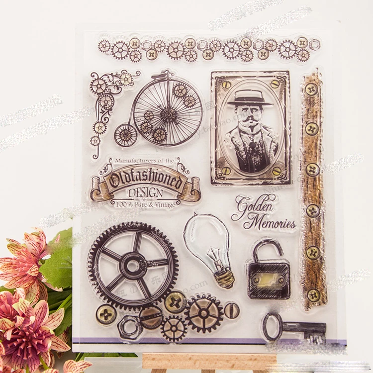 scrapbooking craft accessories clear stamp silicone material gear lamp key lock old fashion men portrait design | Дом и сад