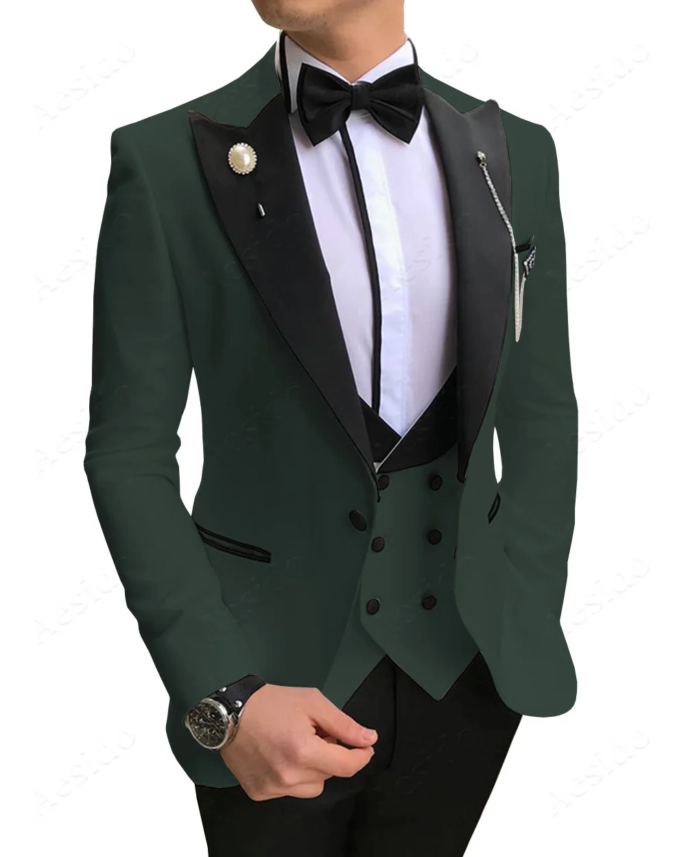 Blackish Green Aesido, повседневный мужской костюм, приталенный, 3 предмета, официальный, выпускной, смокинг, двубортный, костюмы для свадьбы, женихов, мужчин(Блейзер+ жилет+ брюки - Color: Blackish Green