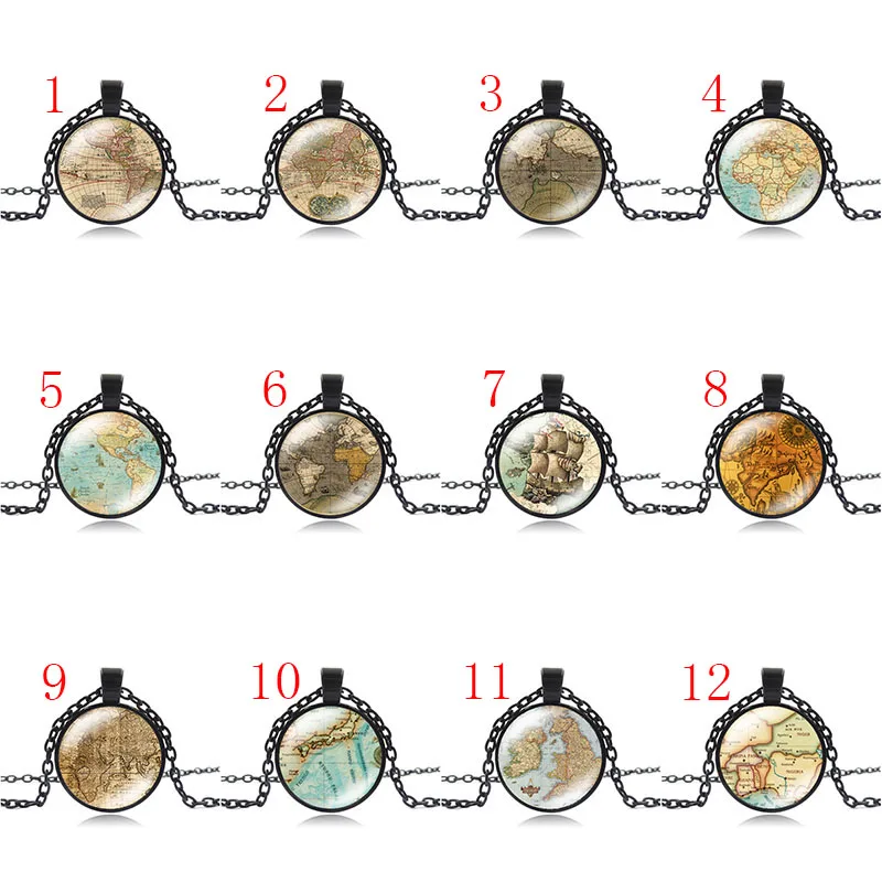 12 Стиль Винтаж Карта мира ожерелье земли художественное изображение карты