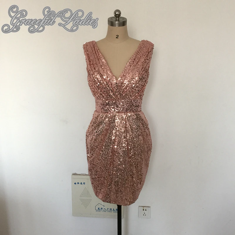 Розовое Золото Блестки Короткие Пром Платья На Заказ V Шеи До Колен Полу
