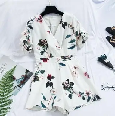 short sleeve white Женские комбинезоны с v-образным вырезом и рукавом-фонариком, женские винтажные весенне-летние широкие шорты, имитация сатина, комбинезоны TB687 - Цвет: short sleeve white