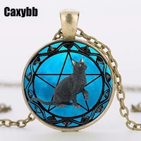 caxybb black cat children pendants wicca pentagram crystal chain link necklace blue metal fashion pendant crystal necklace