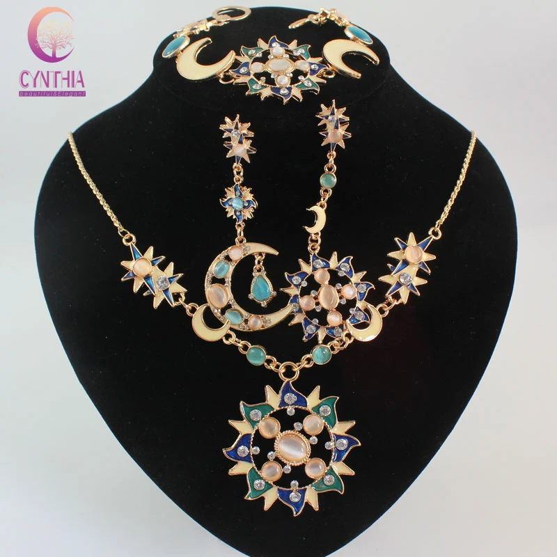 Женские украшения Мистик Солнце Луна Золотой цвет стразы с длинной цепочкой