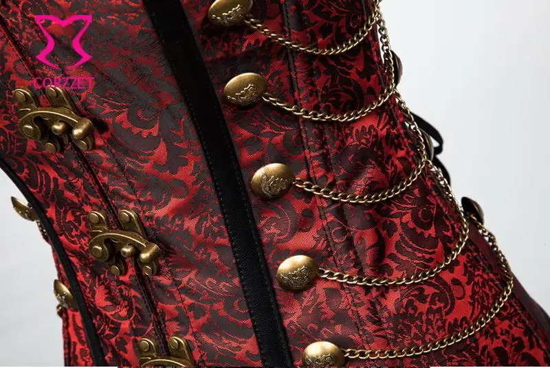 Корсет милый в стиле стимпанк красная парчовая цепочка на пуговицах костюмы для