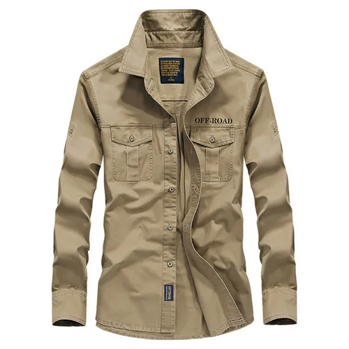 AFS67001 Khaki Весенние мужские высококачественные военные повседневные брендовые армейские рубашки из хлопка осенне-зимние мужские флисовые теплые плотные рубашки с длинным рукавом - Цвет: AFS67001 Khaki