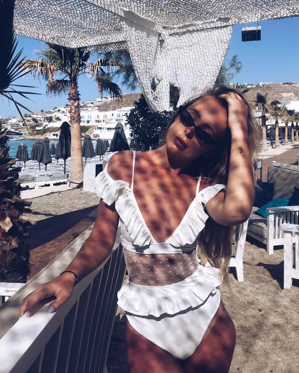 Белый один предмет женский купальный костюм ретро гофрированный купальник