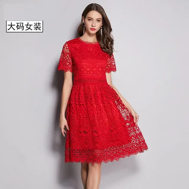 

High - end quality new summer big yards ms small sweet wind heavy water soluble hollow out dress lady short sleeve lace dresses