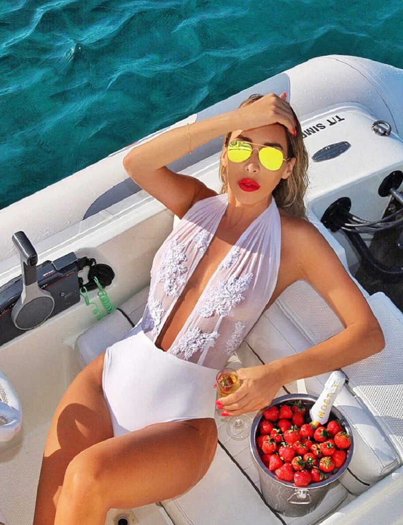 Сексуальный женский цельный купальник с вышитым цветком однотонный белый