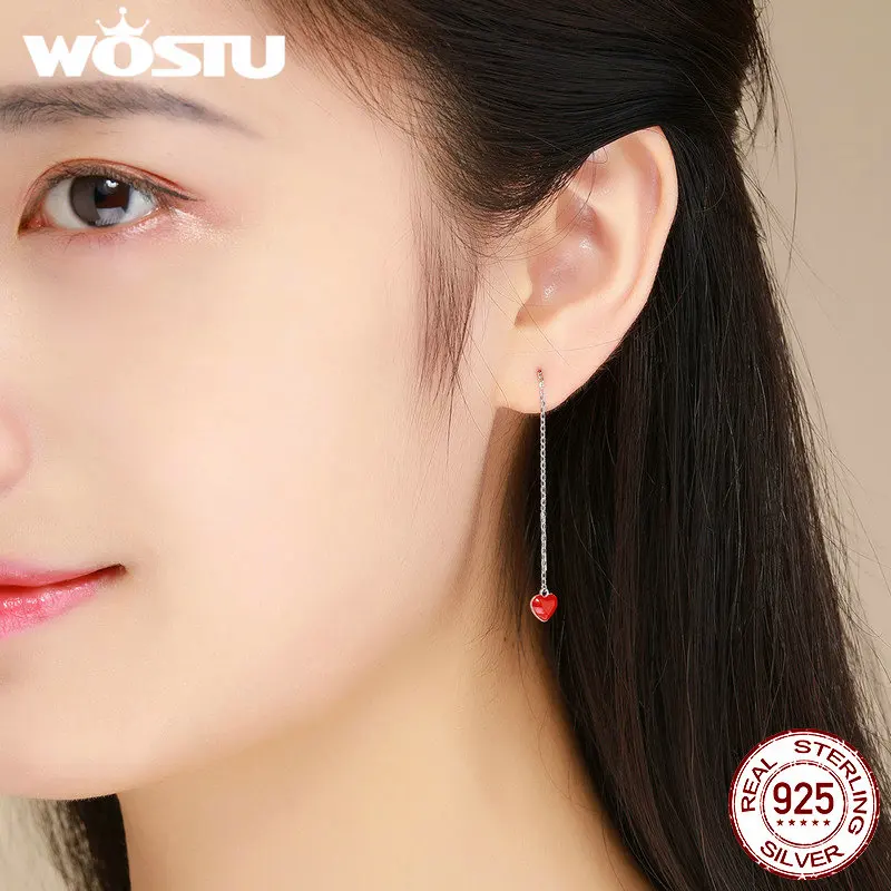 WOSTU,, настоящее 925 пробы, серебряные, милые, красное сердце, эмаль, длинные висячие серьги для женщин, модные серьги, ювелирное изделие CSE150