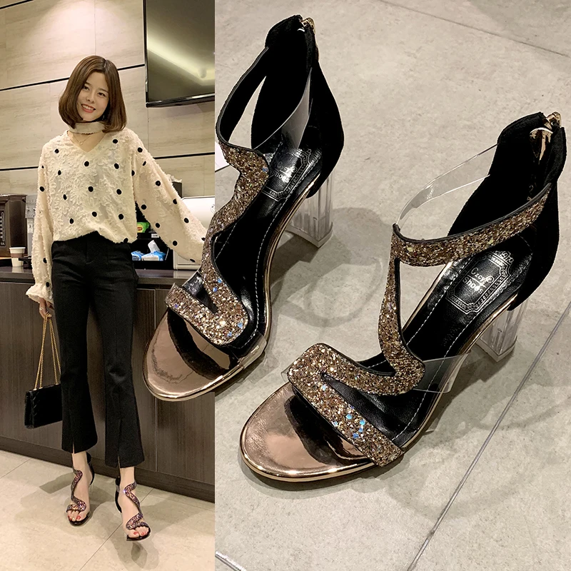 

2019 Summer New Roman Style Sexy Rhinestone Serpentine Crystal with Sandals High Heels Elegant Open Toe Zipper High Heel Sandals