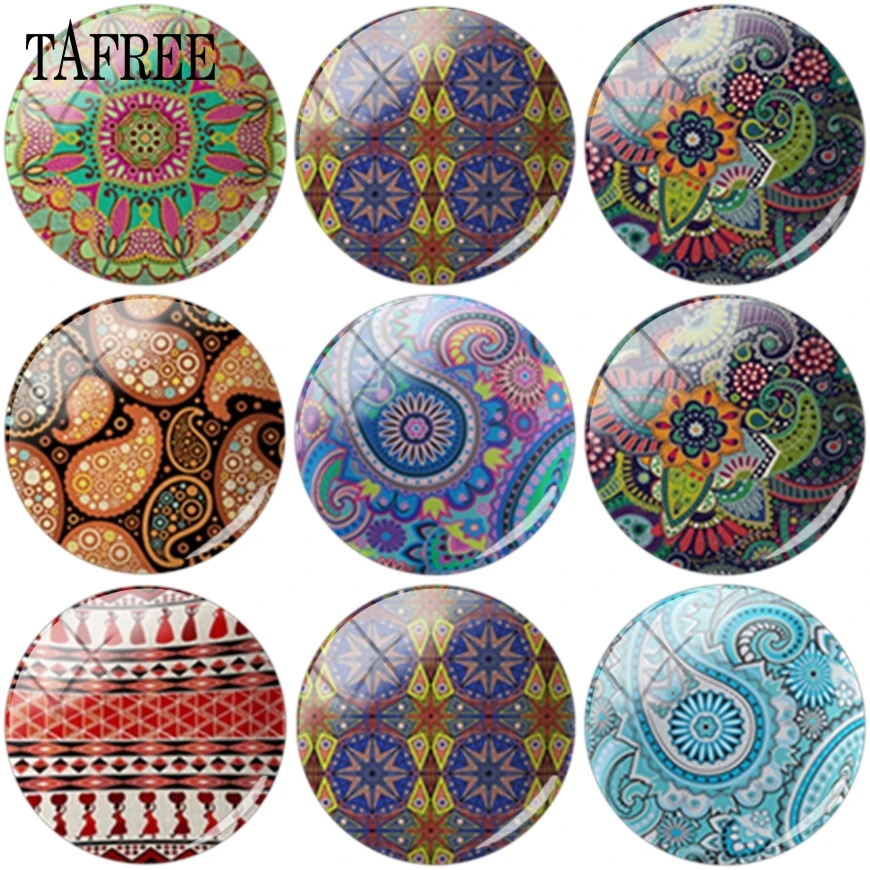 

TAFREE Indian Style Colorful Pattern Picture Round Glass Cabochon 12mm 18mm 20mm Dome Base Cover Pendant For Bracelets Necklace