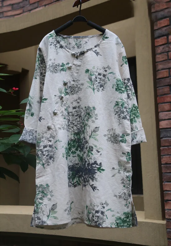 Весенняя Новинка китайский стиль чонсам Цветочная длинная хлопковая льняная